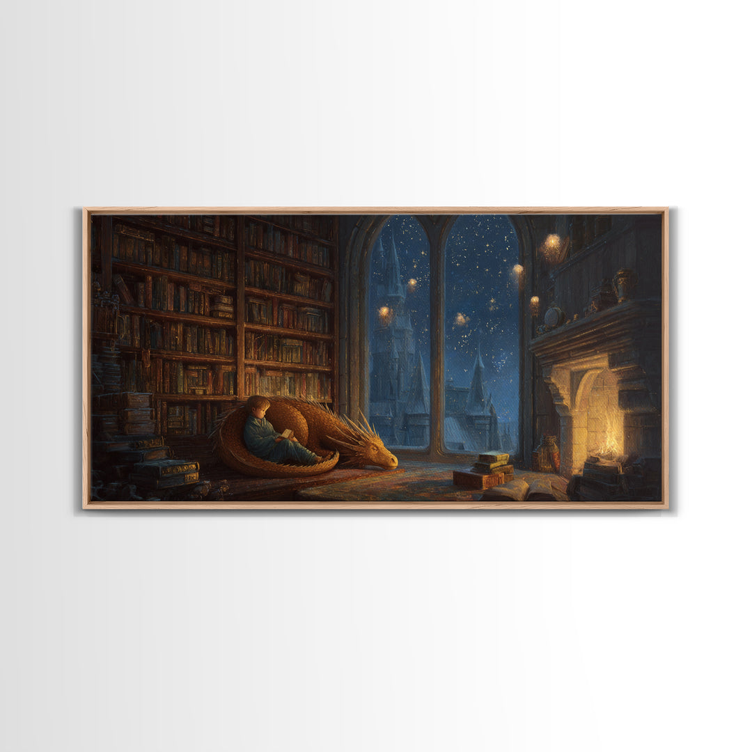 Sleeping Dragon In Cozy Library Wall Art, Fantasy Book Nook Canvas Print, Dark Academia Decor, Gift For Book Lover And Reader