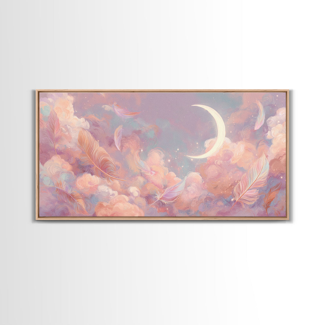 Crescent Moon And Pastel Feather Clouds Canvas Print, Celestial Wall Art, Soft Pink Nursery Decor, Dreamy Bedroom Decor, Gift