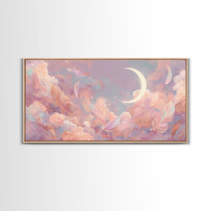 Crescent Moon And Pastel Feather Clouds Canvas Print, Celestial Wall Art, Soft Pink Nursery Decor, Dreamy Bedroom Decor, Gift
