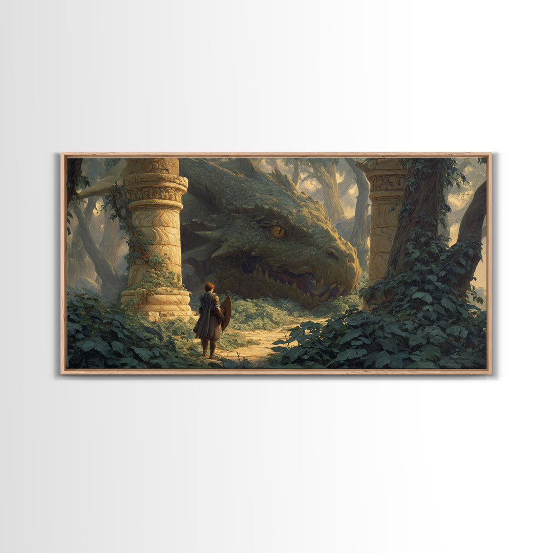 Ancient Forest Dragon Encounter Canvas Print, Fantasy Adventure Artwork, Medieval Ruins Decor, Dragon Art Print, Gift For Gamer