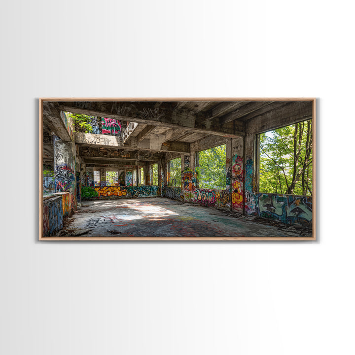 Abandoned Graffiti Warehouse Canvas Print, Urban Decay Wall Art, Industrial Street Art Decor, Edgy Loft Photography Print