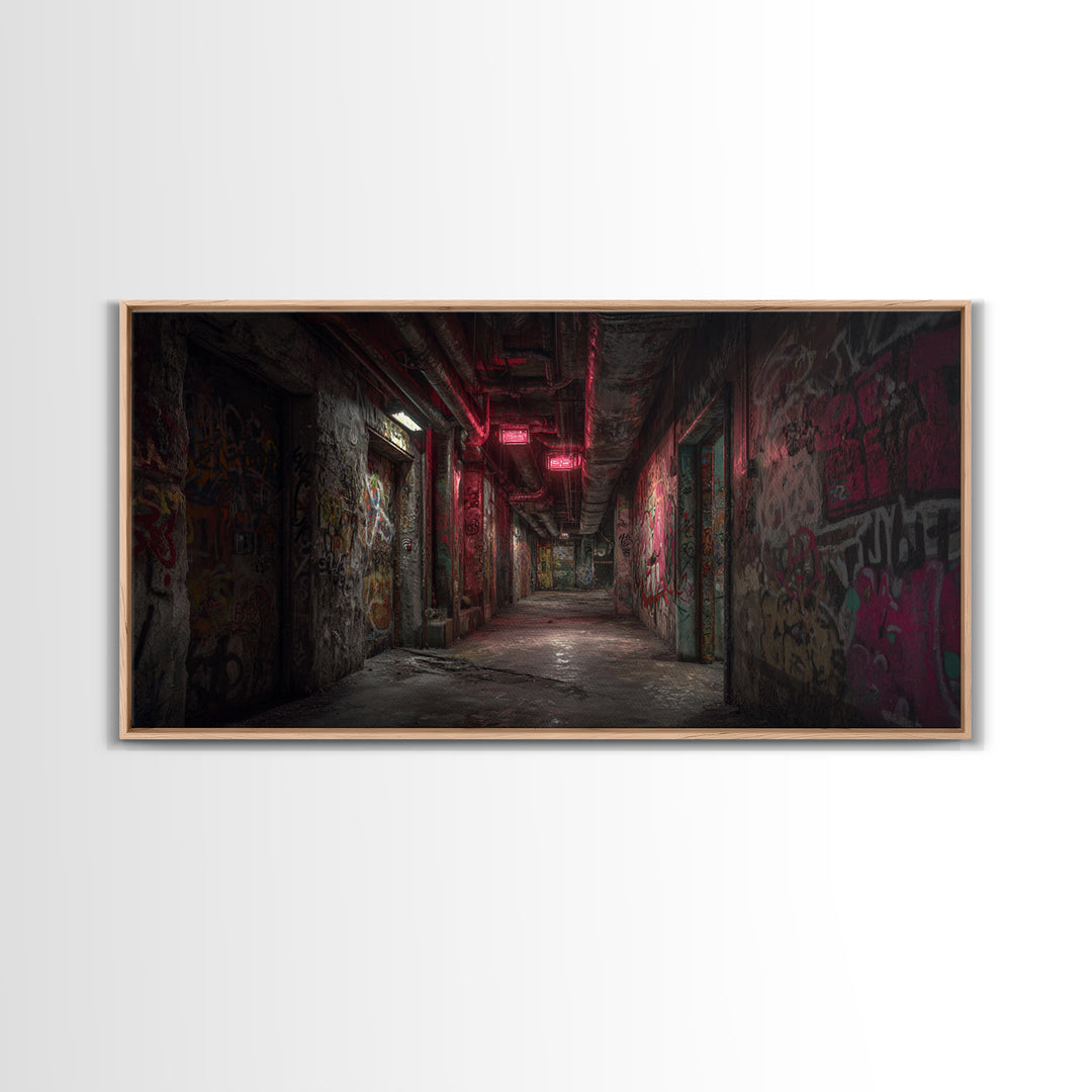 Abandoned Graffiti Corridor With Red Neon Wall Art, Urban Street Art, Industrial Decor, Grunge Poster, Office Wall Decor