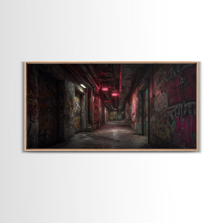 Abandoned Graffiti Corridor With Red Neon Wall Art, Urban Street Art, Industrial Decor, Grunge Poster, Office Wall Decor