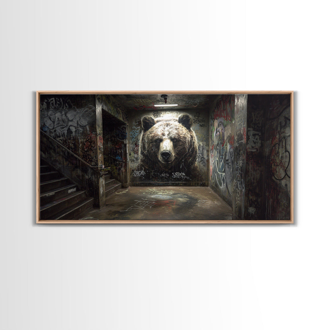 Giant Bear Graffiti Tunnel Wall Art, Urban Street Art Print, Edgy Industrial Decor, Modern Office Poster, Wildlife Mural
