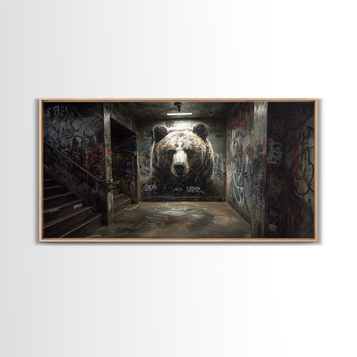 Giant Bear Graffiti Tunnel Wall Art, Urban Street Art Print, Edgy Industrial Decor, Modern Office Poster, Wildlife Mural
