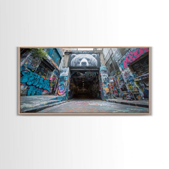 Graffiti Alley Bear Mural Wall Art, Urban Street Art Canvas Print, Bold Modern Decor For Loft, Office, Man Cave, Apartment Wall Decor
