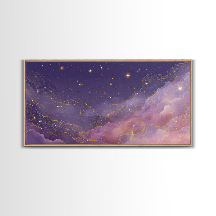 Purple Starry Sky With Gold Constellations Wall Art, Celestial Canvas Print, Mystical Bedroom Decor, Astrology Gift For Her