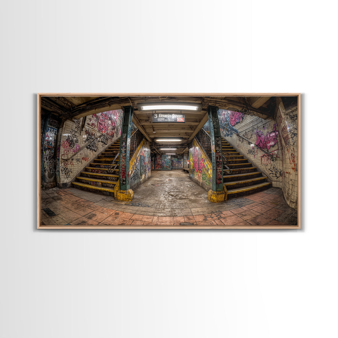 Graffiti Subway Stairwell Framed Canvas Print, Urban Street Art Wall Decor, Gritty Industrial Office Wall Art For Living Room