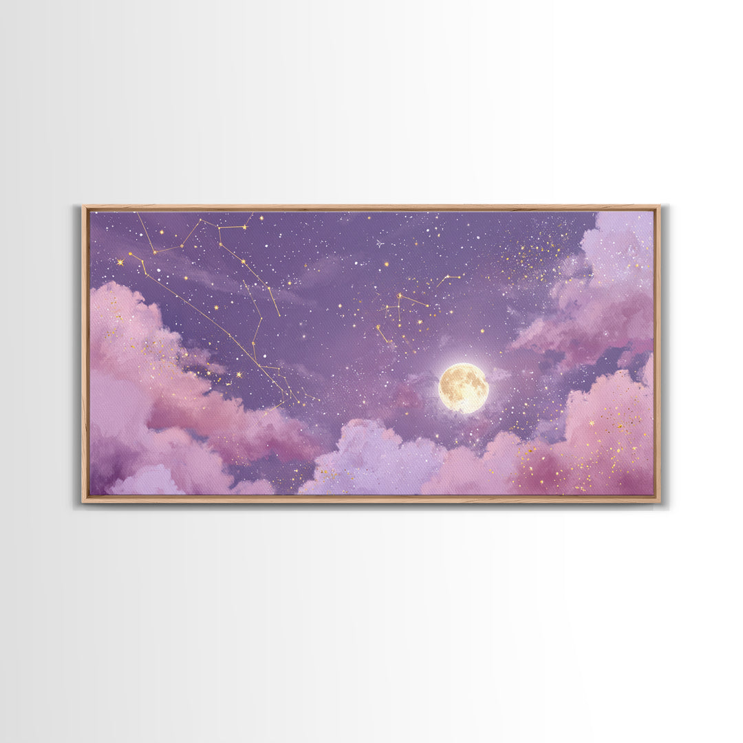 Full Moon Purple Night Sky Wall Art, Gold Constellations And Clouds Canvas Print, Celestial Bedroom Decor Gift, Astrology Wall Decor