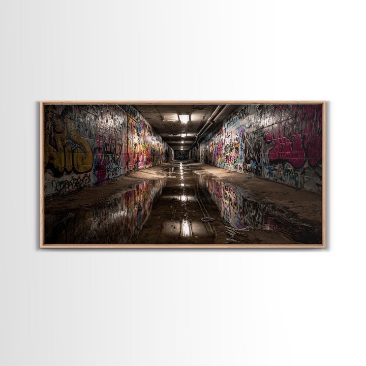 Graffiti Tunnel With Reflective Puddle Wall Art, Urban Street Art Canvas Print, Industrial Decor, Modern Office Wall Decor