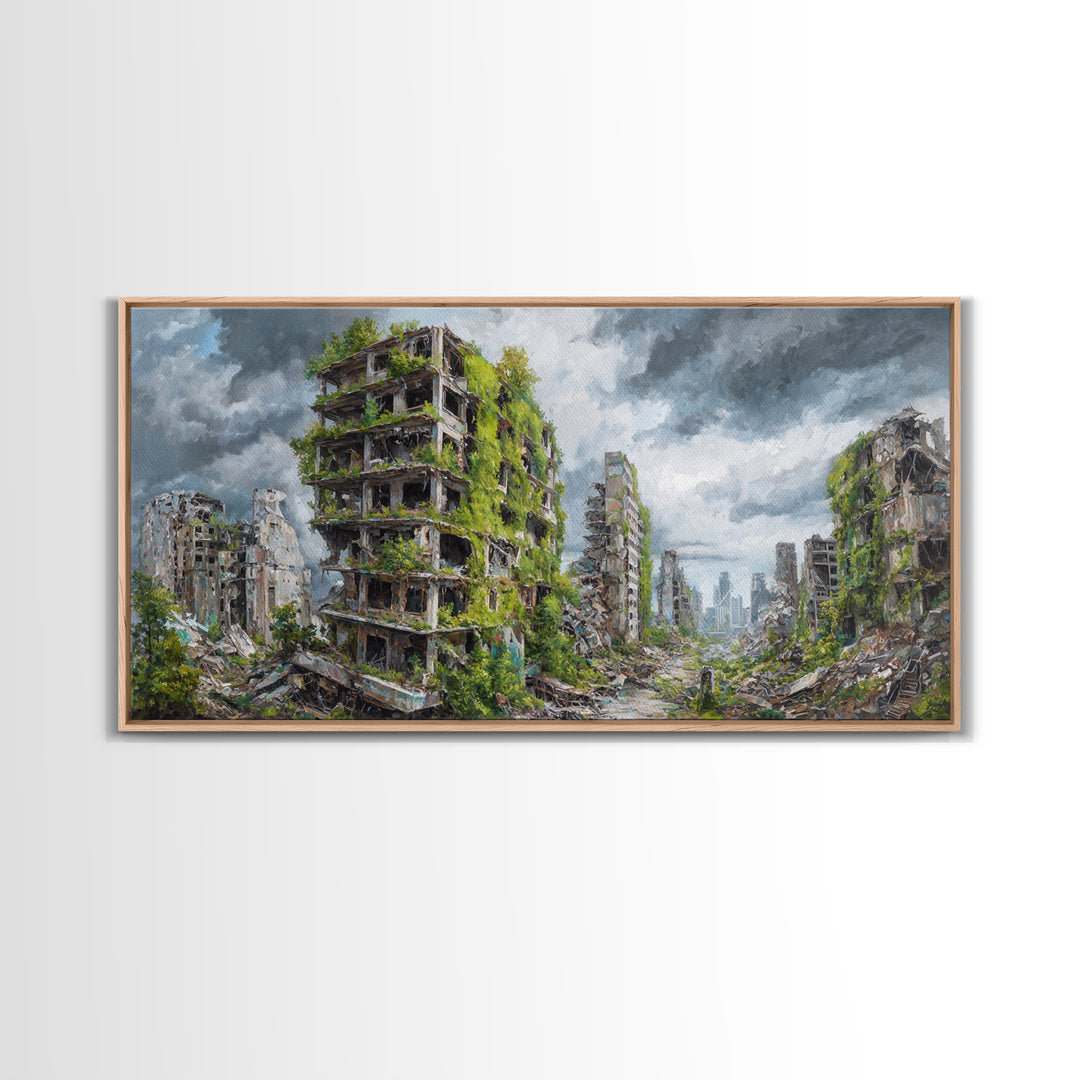 Overgrown Ruined Cityscape Wall Art, Post Apocalyptic Landscape Canvas Print, Urban Nature Decor For Modern Home And Office