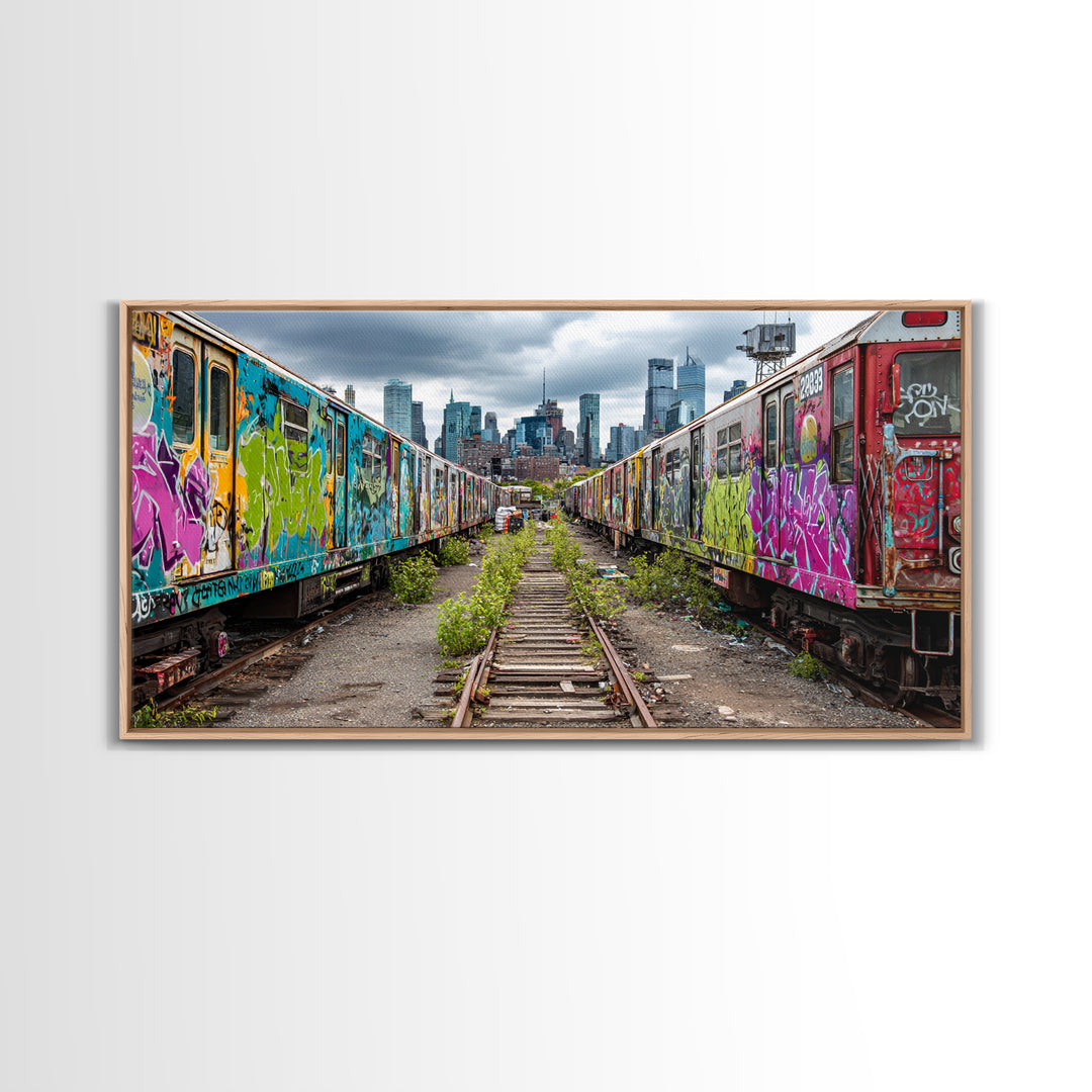 Graffiti Train Yard With City Skyline Wall Art, Urban Street Art Canvas Print, Colorful Industrial Decor, Modern Loft Gift