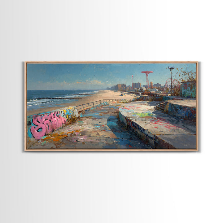 Graffiti Beach Boardwalk Seascape Wall Art, Coney Island Style Travel Poster, Urban Coastal Decor, Ocean City Print, Summer Beach Art