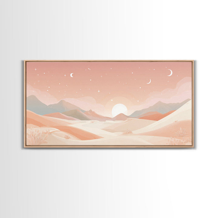 Pastel Desert Sunrise Landscape Canvas Print, Minimalist Mountain Wall Art, Boho Neutral Home Decor For Bedroom And Living Room