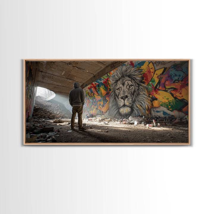 Hooded Figure Before Graffiti Lion Wall Art, Urban Street Art Canvas Print, Bold Industrial Decor, Gift For Him, Modern Home Decor