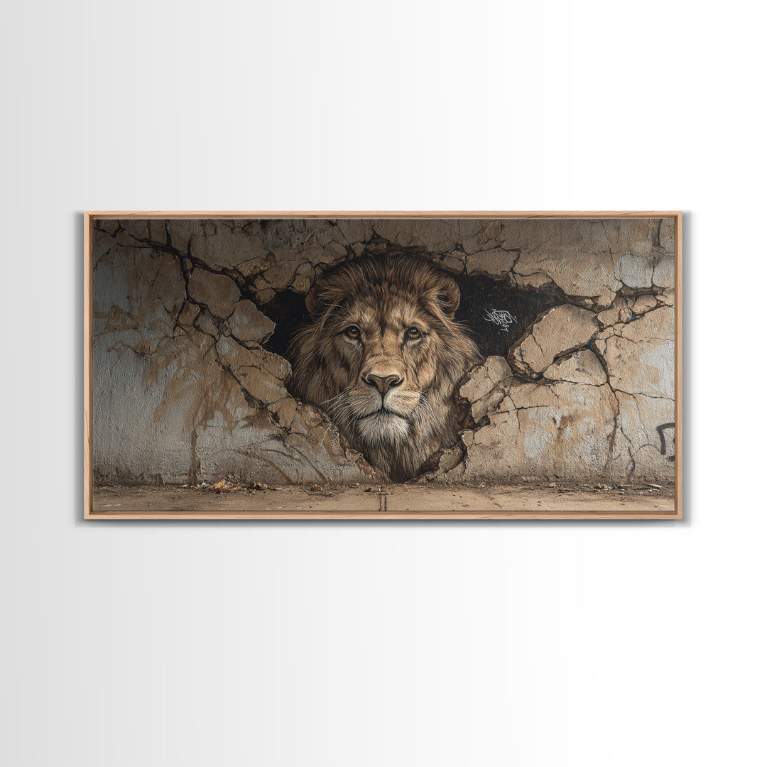 Cracked Wall Lion Mural Wall Art, Wildlife Graffiti Canvas Print, Big Cat Street Art, Urban Decor For Modern Living Room