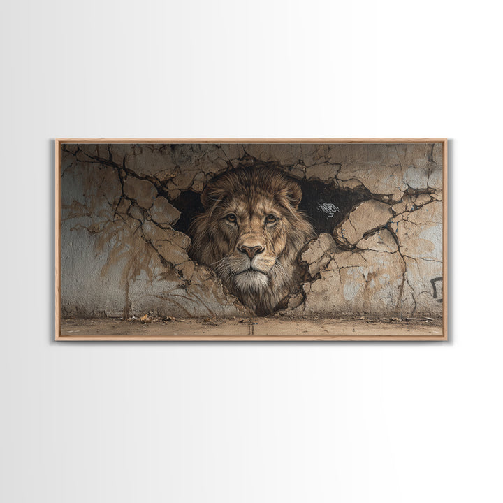 Cracked Wall Lion Mural Wall Art, Wildlife Graffiti Canvas Print, Big Cat Street Art, Urban Decor For Modern Living Room