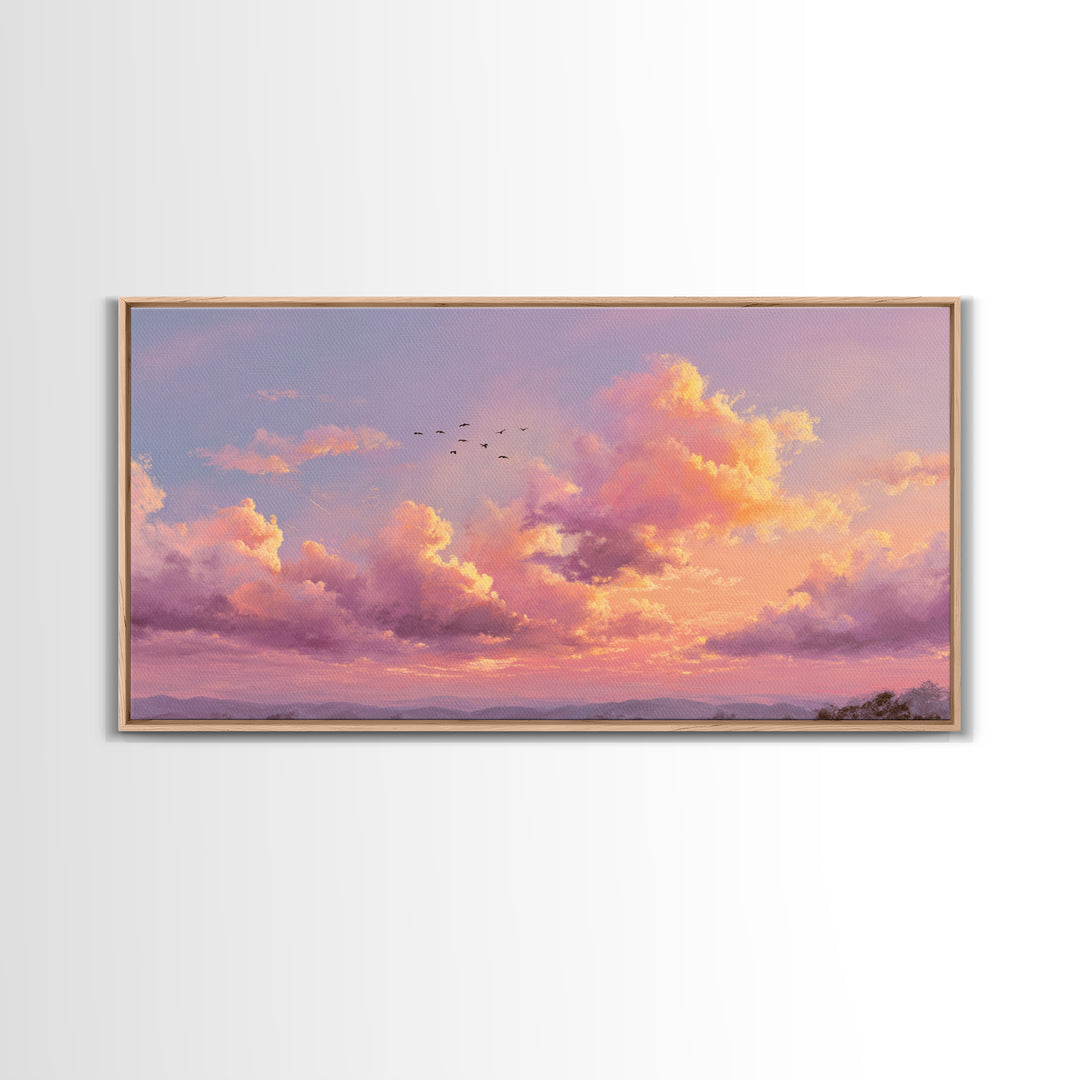 Golden Pink Sunset Clouds Over Mountains Wall Art, Serene Landscape Canvas Print, Living Room Decor, Housewarming Gift For Her