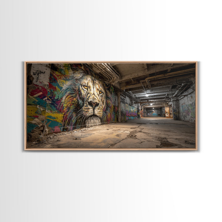 Underground Lion Graffiti Wall Art, Urban Street Art Canvas Print, Industrial Decor, Bold Wildlife Mural For Loft Office