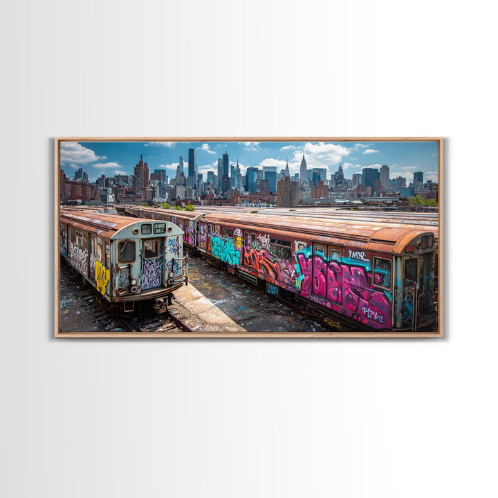 Graffiti Subway Trains With New York Skyline Wall Art, Urban Street Art Canvas Print, NYC Decor, Industrial Office Poster