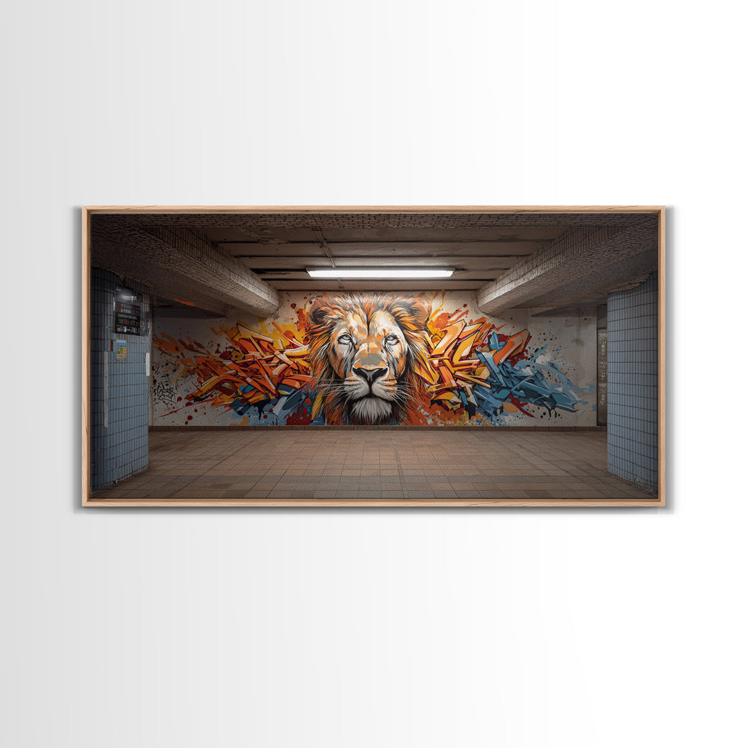Colorful Graffiti Lion Subway Wall Art, Urban Street Art Canvas Print, Bold Modern Decor, Industrial Loft Statement Art Print