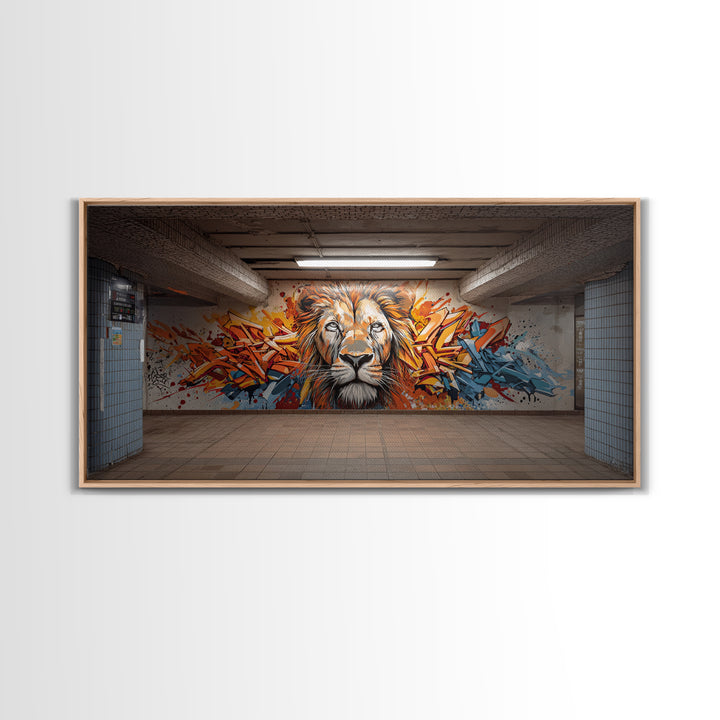 Colorful Graffiti Lion Subway Wall Art, Urban Street Art Canvas Print, Bold Modern Decor, Industrial Loft Statement Art Print