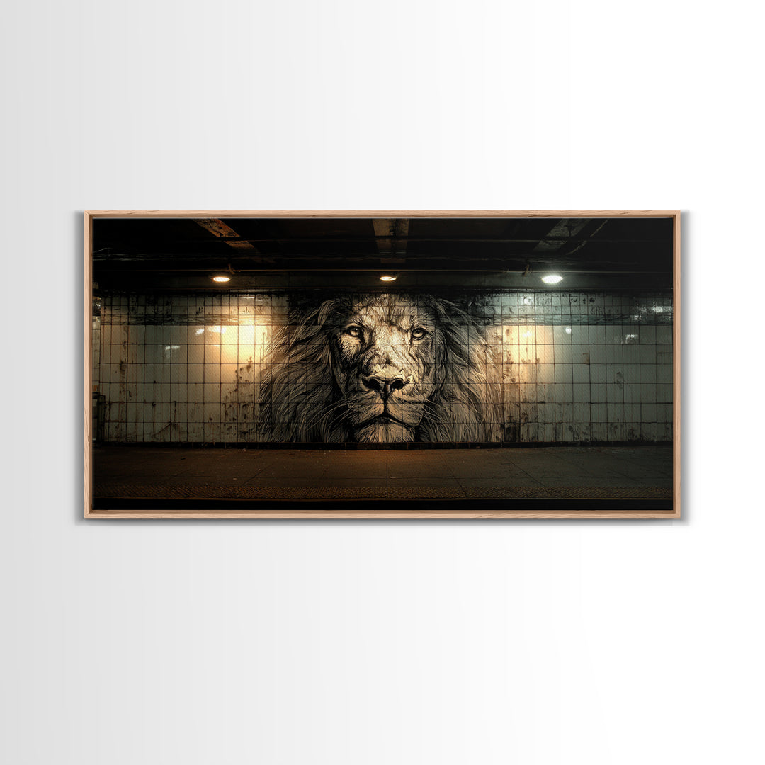 Black And White Lion Mural Wall Art, Urban Street Art Canvas, Industrial Loft Decor, Masculine Office Wall Decor, Bold Art Print