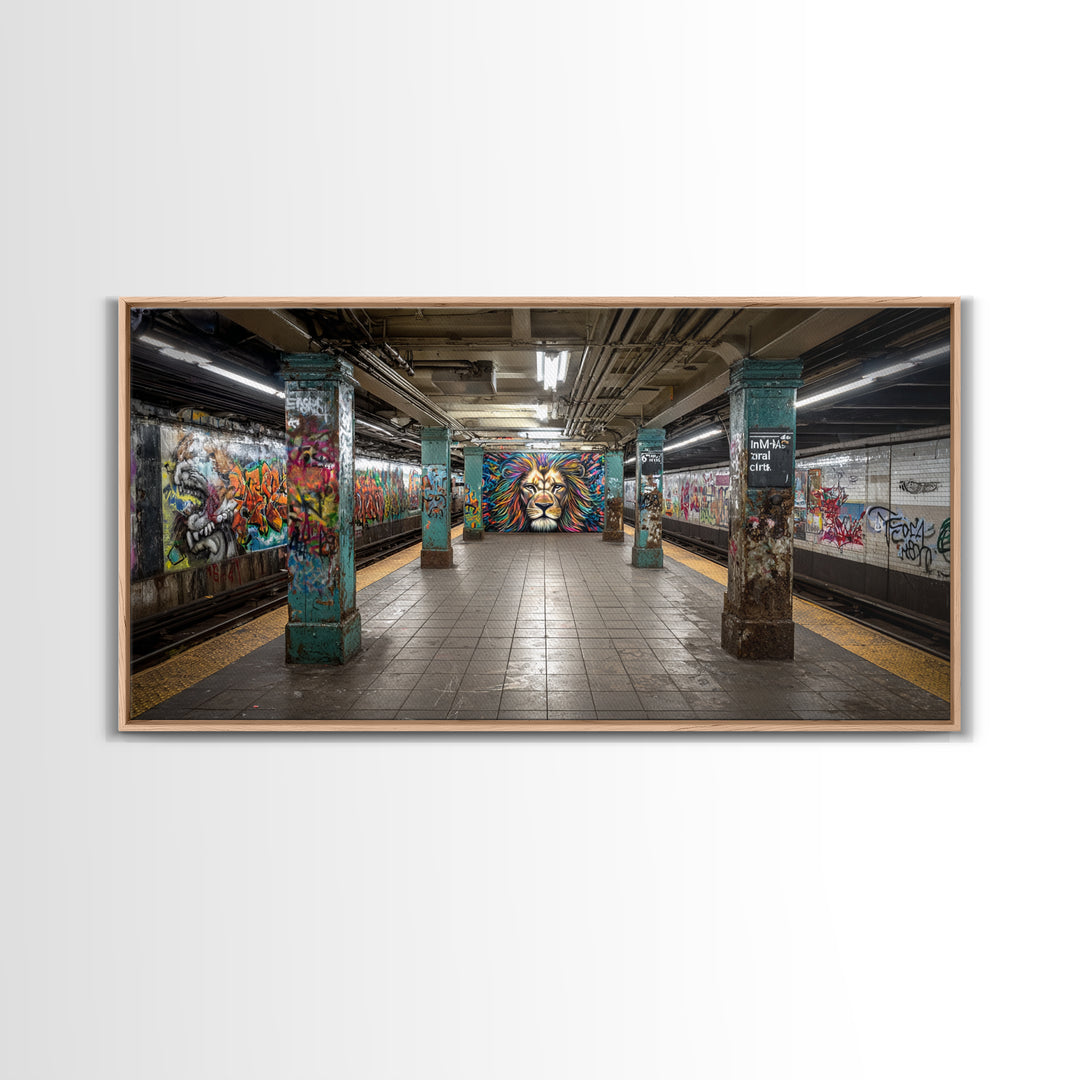 Graffiti Subway Platform With Lion Mural Wall Art, Urban Street Art Canvas Print, Pop Art Decor, Modern Office Wall Decor