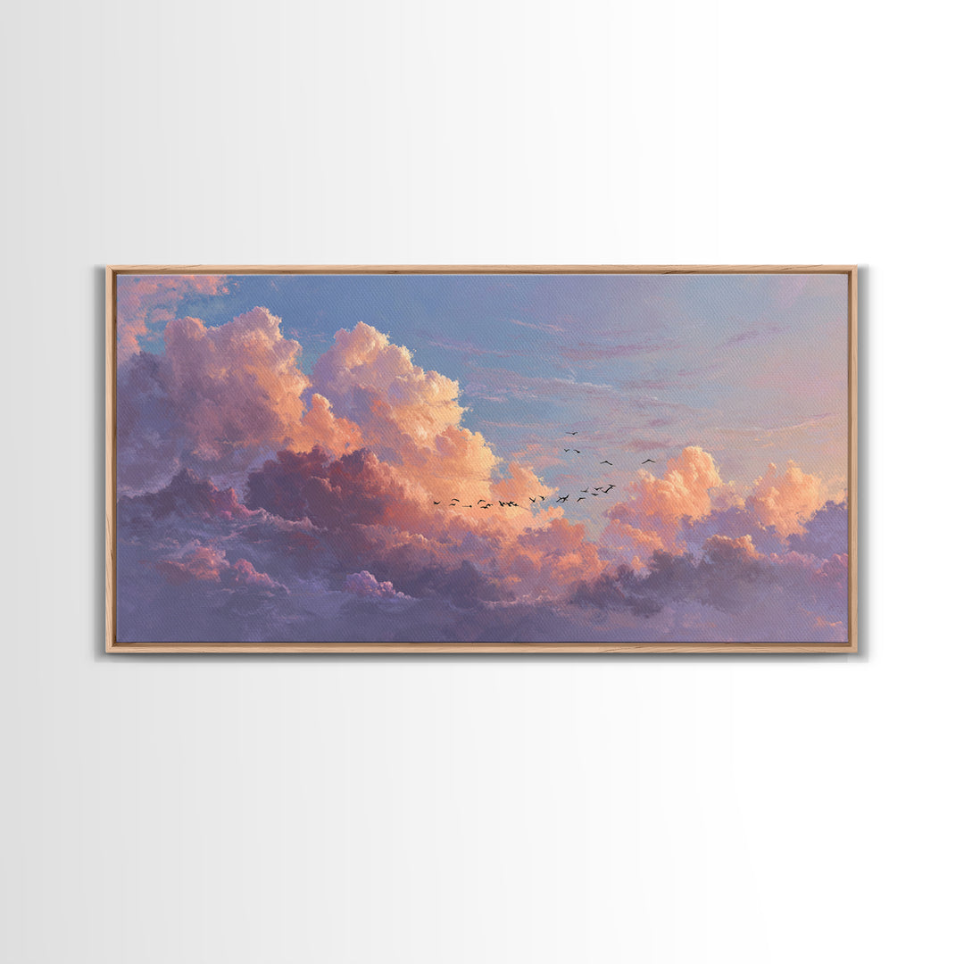 Dramatic Pastel Cloudscape With Birds Canvas Print, Sunset Sky Wall Art, Large Landscape Decor For Living Room, Office Decor