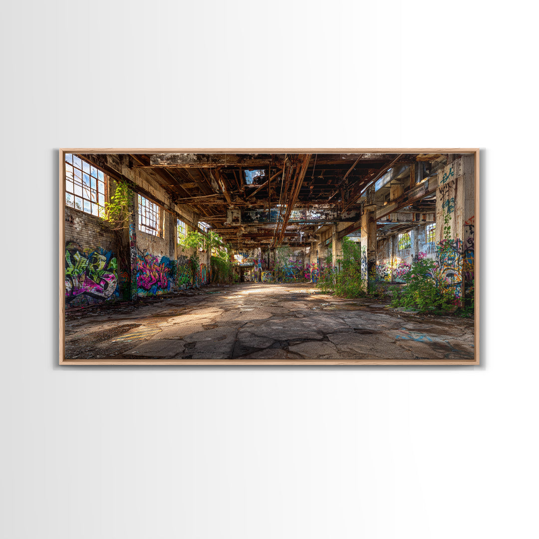 Abandoned Warehouse Graffiti Wall Art, Urban Decay Photography Canvas Print, Industrial Loft Decor, Large Street Art Poster