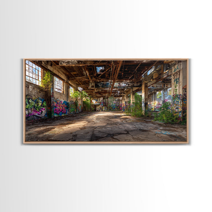 Abandoned Warehouse Graffiti Wall Art, Urban Decay Photography Canvas Print, Industrial Loft Decor, Large Street Art Poster