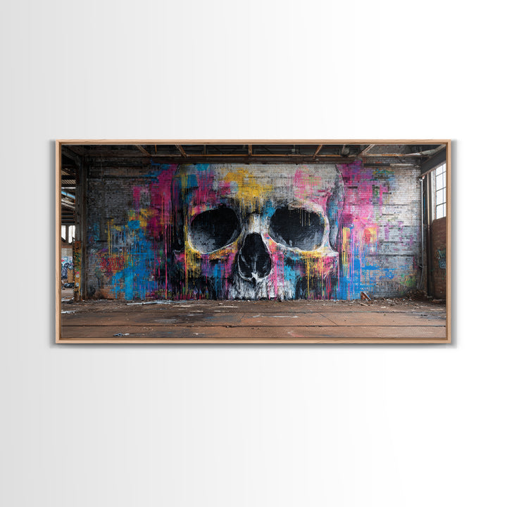 Neon Graffiti Skull Mural In Abandoned Warehouse Wall Art, Street Art Print, Gothic Decor, Edgy Urban Poster, Man Cave Decor