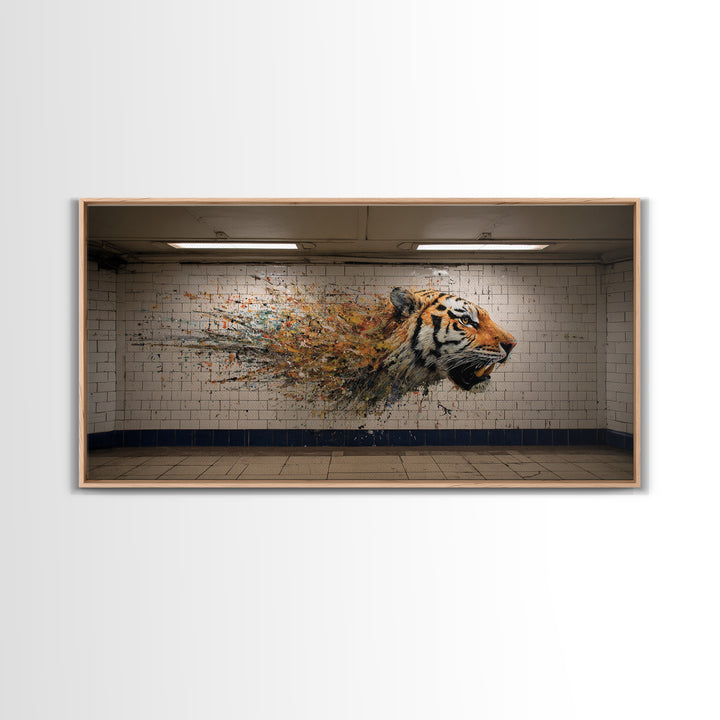 Exploding Tiger Subway Mural Wall Art, Urban Street Art Canvas Print, Bold Animal Decor, Maximalist Gift For Him Modern Loft