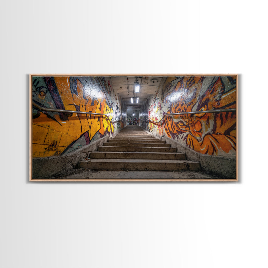 Graffiti Stairway Tunnel Wall Art, Underground Urban Street Art Canvas Print, Gritty Industrial Decor, Colorful Modern Art