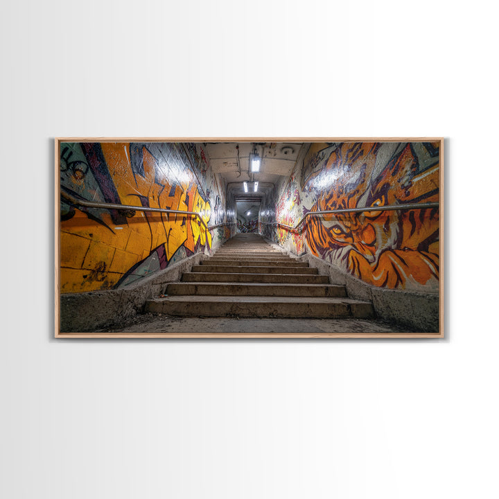 Graffiti Stairway Tunnel Wall Art, Underground Urban Street Art Canvas Print, Gritty Industrial Decor, Colorful Modern Art