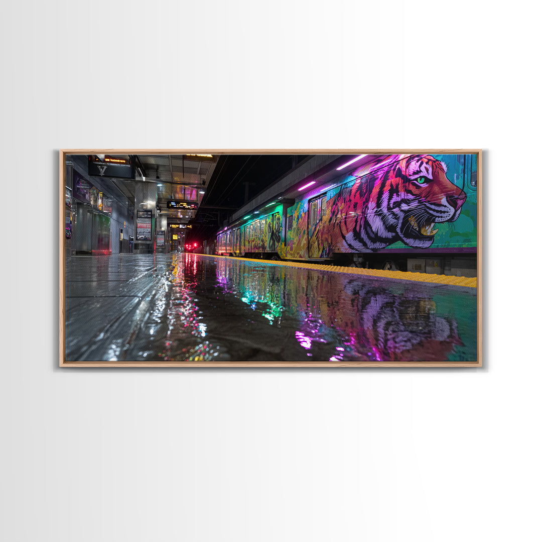 Neon Tiger Train Station Wall Art, Urban Subway Graffiti Canvas Print, Cyberpunk Animal Decor For Modern Living Room Gallery