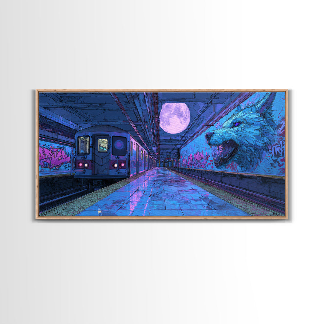 Moonlit Subway Wolf Canvas Print, Cyberpunk Train Station Wall Art, Neon Animal Graffiti Decor, Modern Urban Home Decor For Gamer Room