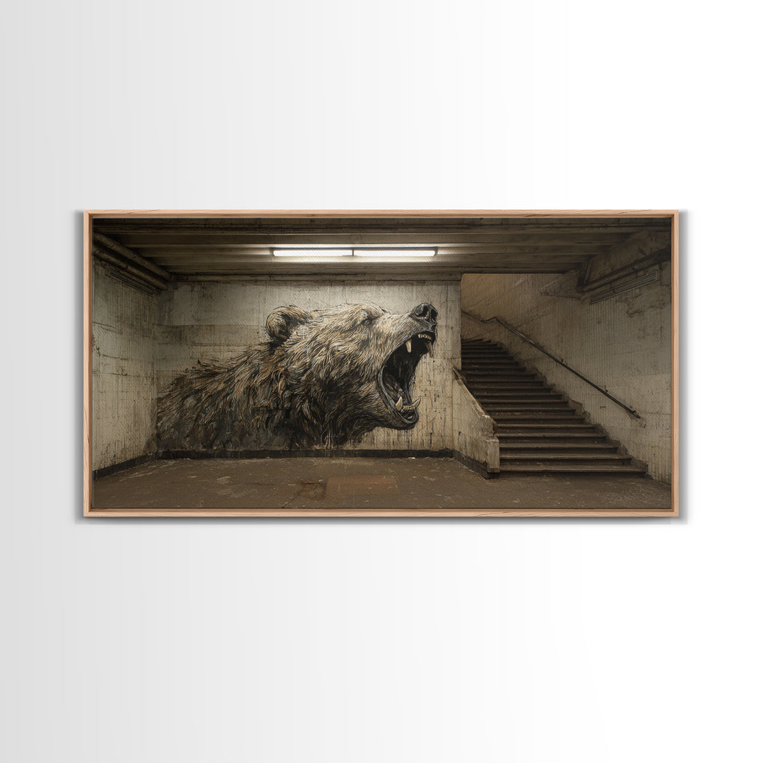Roaring Bear Urban Subway Wall Art, Black And White Graffiti Canvas Print, Industrial Bathroom Decor, Animal Poster, Gift