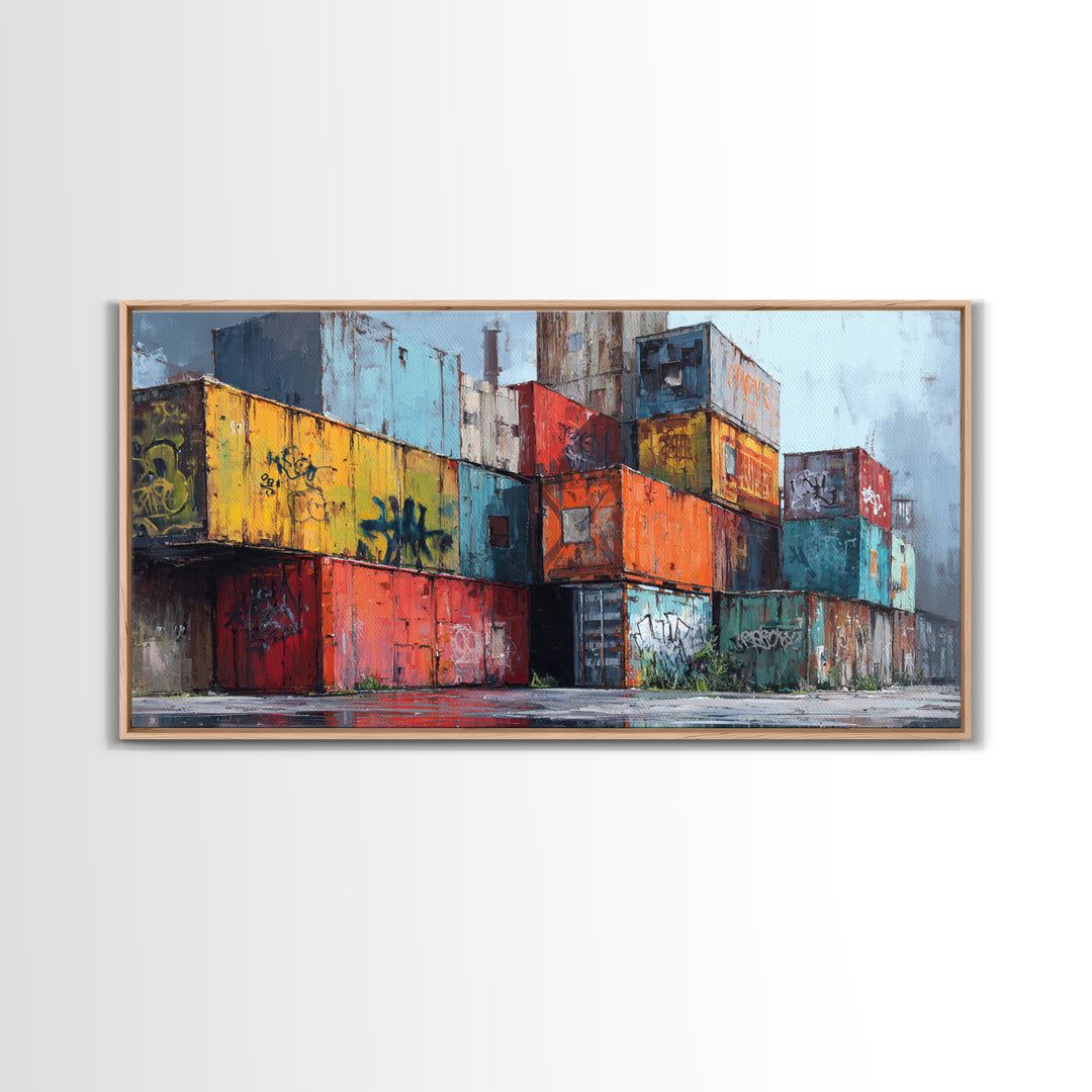 Stacked Graffiti Shipping Containers Wall Art, Urban Industrial Canvas Print, Street Art Decor, Modern Office Wall Decor