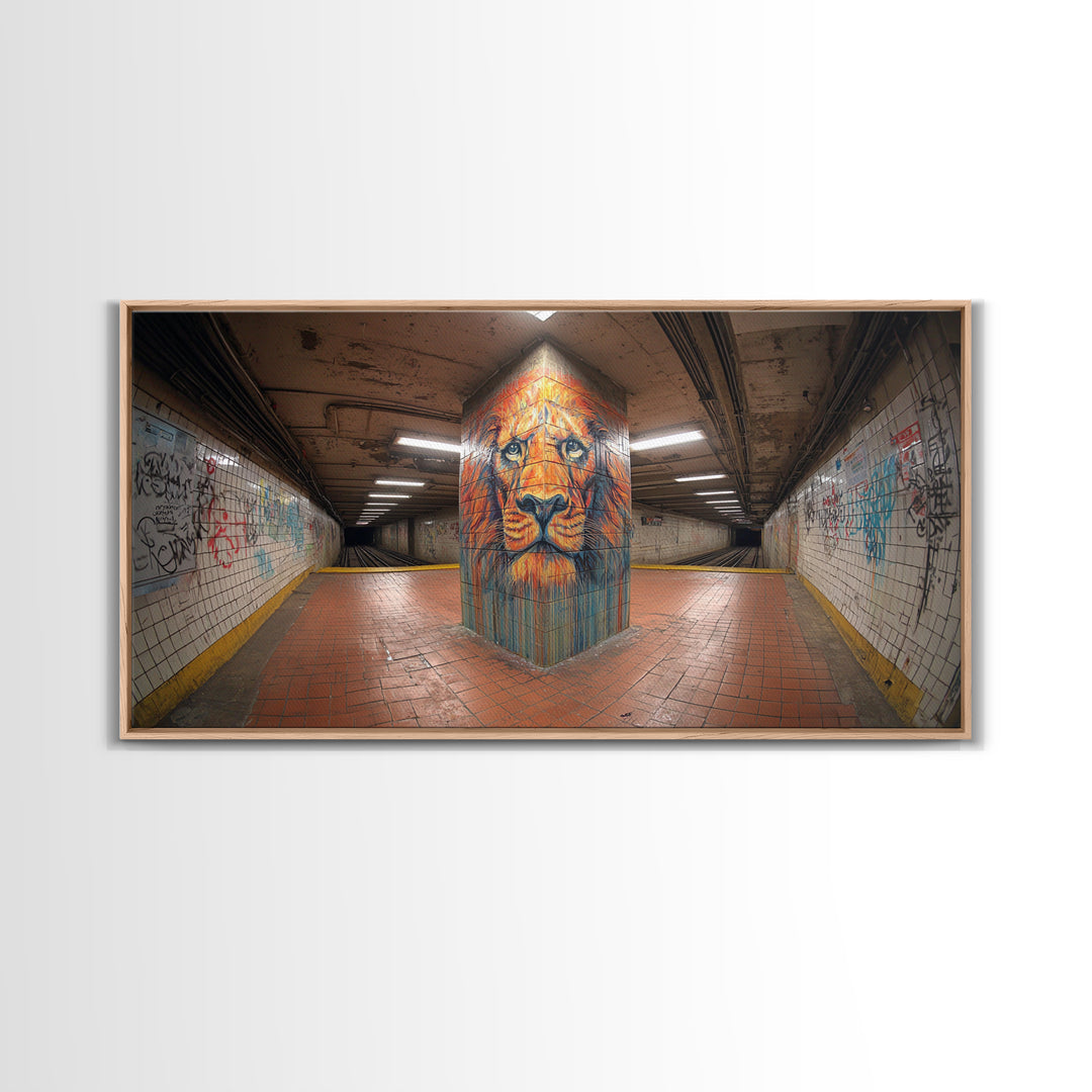 Lion Graffiti Mural In Subway Tunnel Canvas Print, Urban Street Art, Bold Animal Wall Decor, Modern Maximalist Home Decor