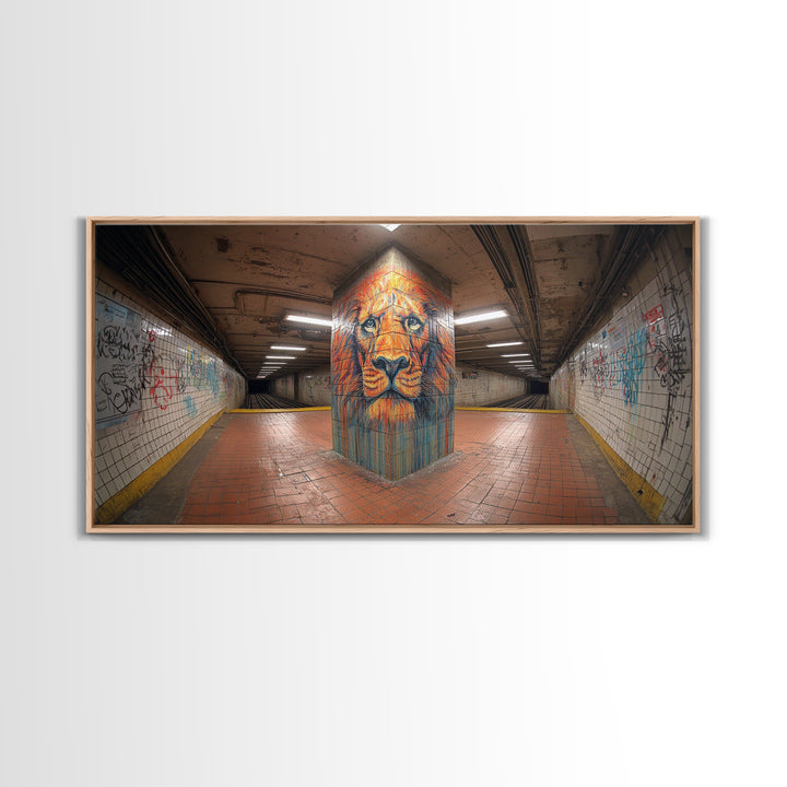 Lion Graffiti Mural In Subway Tunnel Canvas Print, Urban Street Art, Bold Animal Wall Decor, Modern Maximalist Home Decor