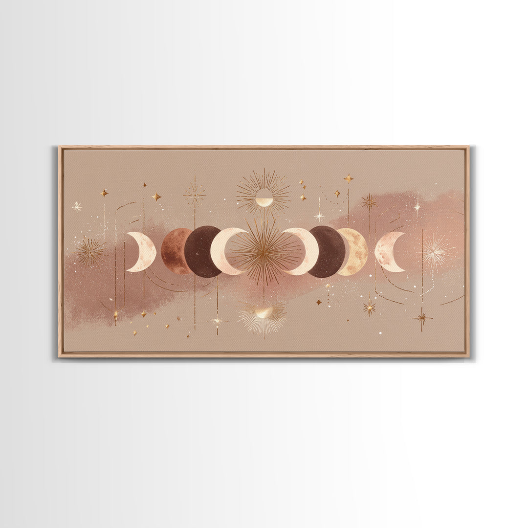 Boho Moon Phases And Radiant Sun Wall Art, Celestial Decor, Mystical Stars Print, Neutral Boho Bedroom Gallery Canvas Print