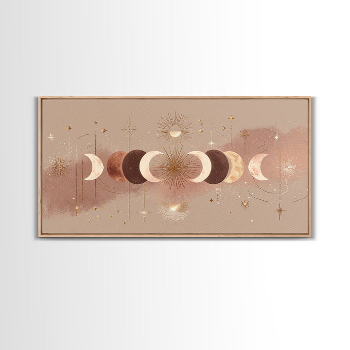 Boho Moon Phases And Radiant Sun Wall Art, Celestial Decor, Mystical Stars Print, Neutral Boho Bedroom Gallery Canvas Print