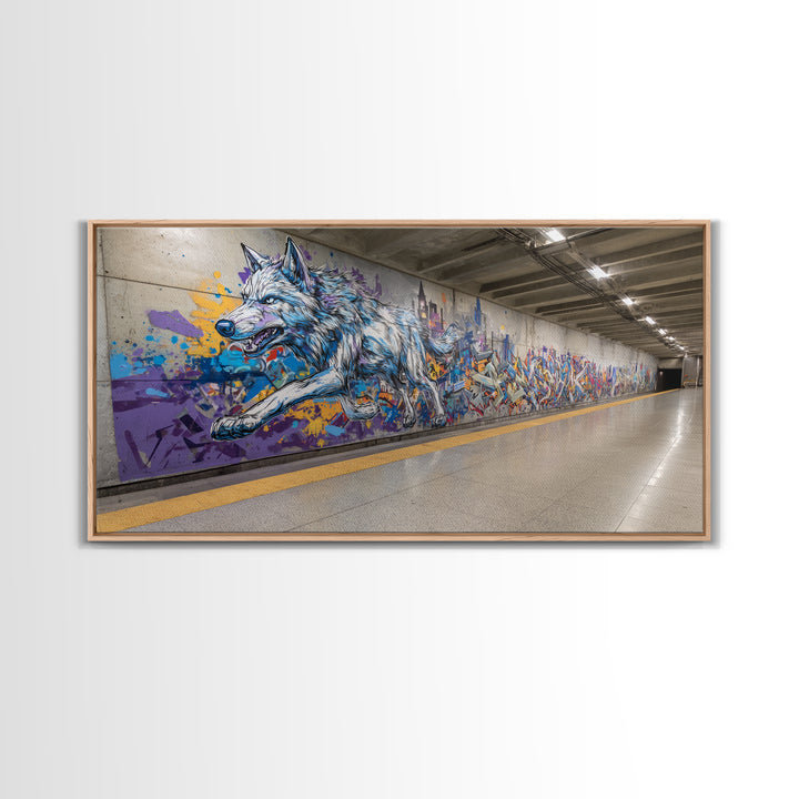 Running Wolf Graffiti Subway Mural Canvas Print, Urban Street Art Wall Art, Colorful Animal Decor, Modern Man Cave Art Gift