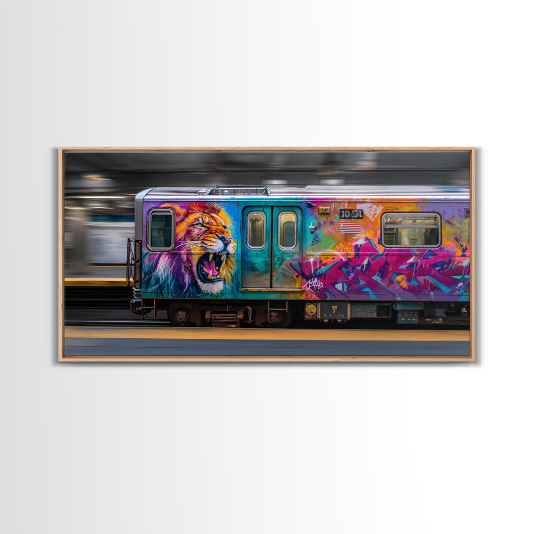 Colorful Lion Graffiti Train Canvas Print, Urban Street Art Wall Art, Dopamine Decor, Bold Pop Art Subway Photography Print