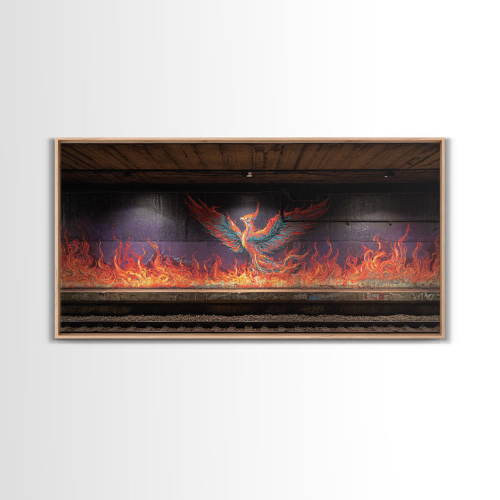 Fiery Phoenix Graffiti In Subway Tunnel Wall Art, Urban Street Art Canvas Print, Bold Industrial Decor, Modern Home Gift