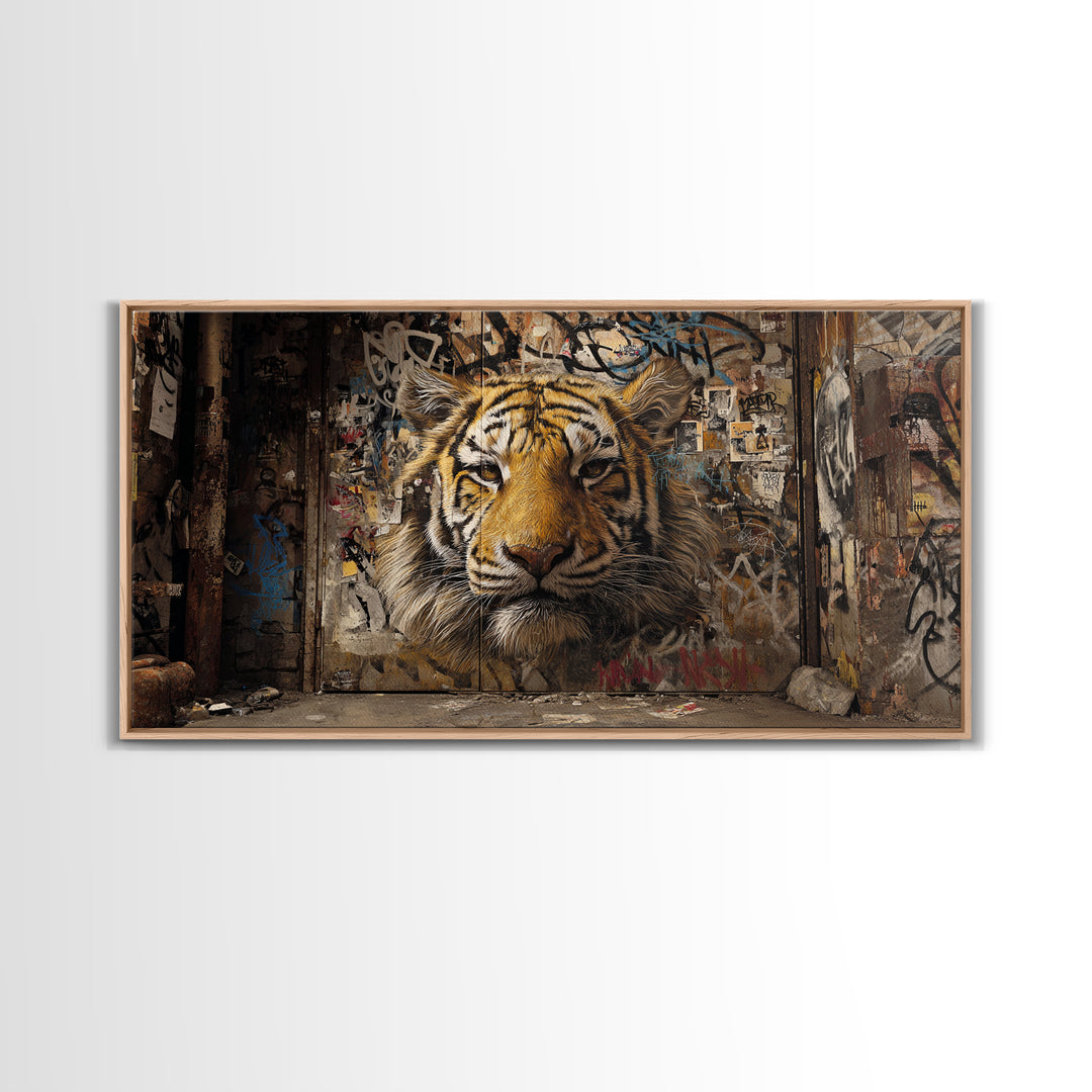 Urban Tiger Mural On Weathered Alley Wall Art, Graffiti Street Art Canvas Print, Big Cat Animal Wall Decor, Modern Home Decor