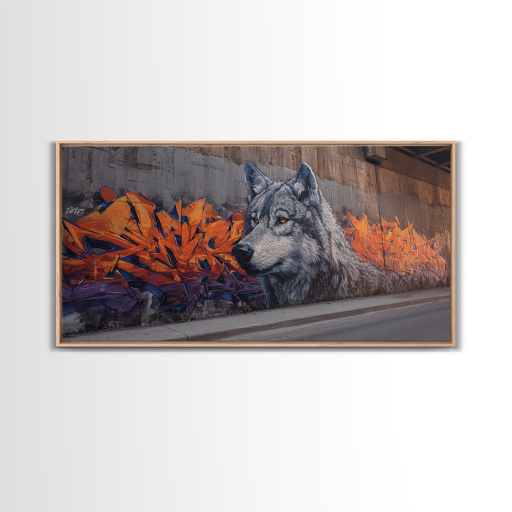 Gray Wolf Graffiti Mural Wall Art, Wildlife Street Canvas Print, Orange Urban Decor, Wolf Lover Gift, Modern Loft Apartment