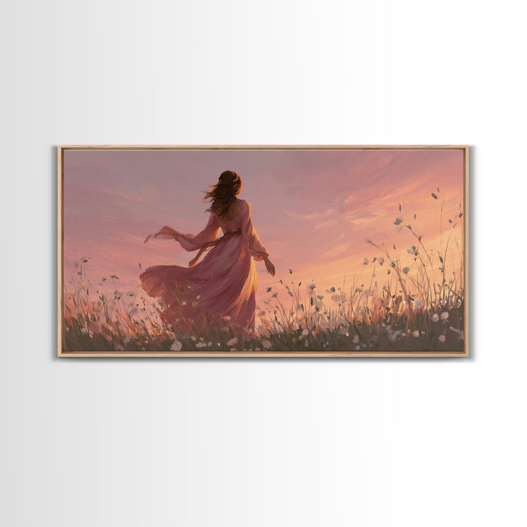 Woman In Pink Dress Sunset Meadow Canvas Print, Romantic Wall Art, Feminine Floral Decor, Dreamy Bedroom Living Room Art Gift For Her