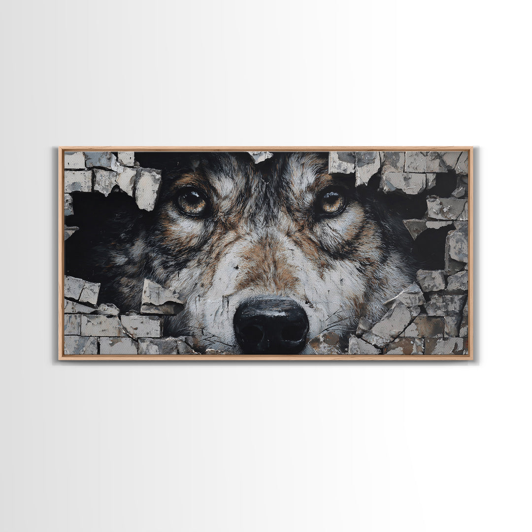 Wolf Dog Peeking Through Brick Wall Art, Rustic Animal Canvas Print, Wildlife Decor, Pet Lover Gift For Cabin Or Office Decor